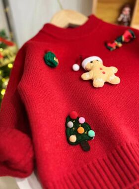 儿童红色套头毛衣秋冬圣诞新年打底针织衫安可拉红喜庆洋气毛衣