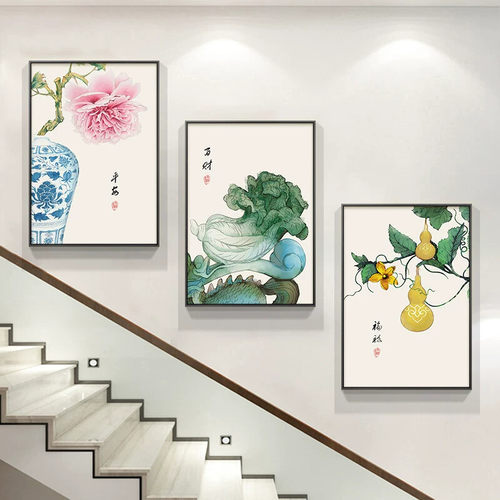 楼梯楼道楼梯间装饰画新中式花鸟荷花复式楼壁画三联客厅过道挂画