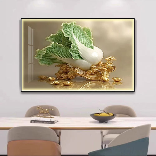 百财图白菜轻奢餐厅装饰画背景墙客厅挂画简约现代高级感镶钻挂画