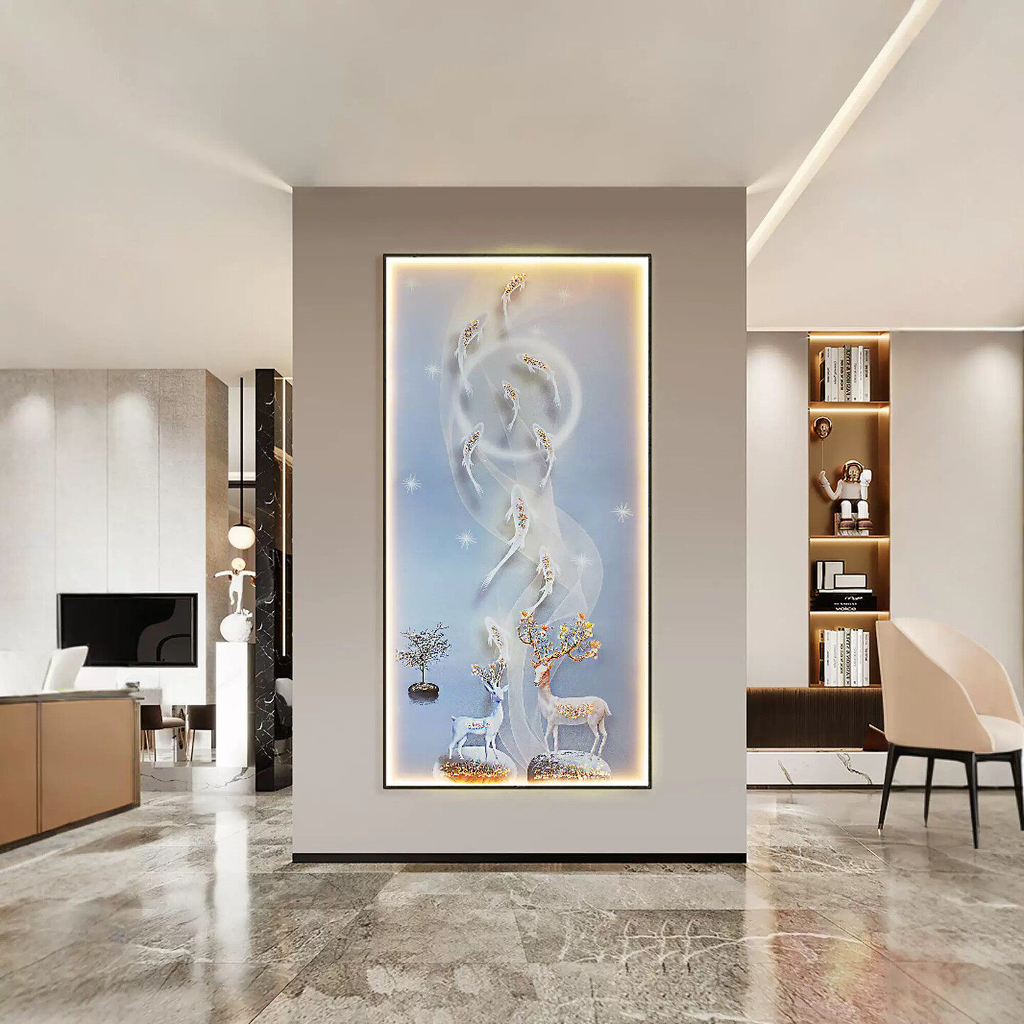 九鱼聚财入户玄关装饰画轻奢走廊晶瓷挂画现代简约客厅LED灯壁画