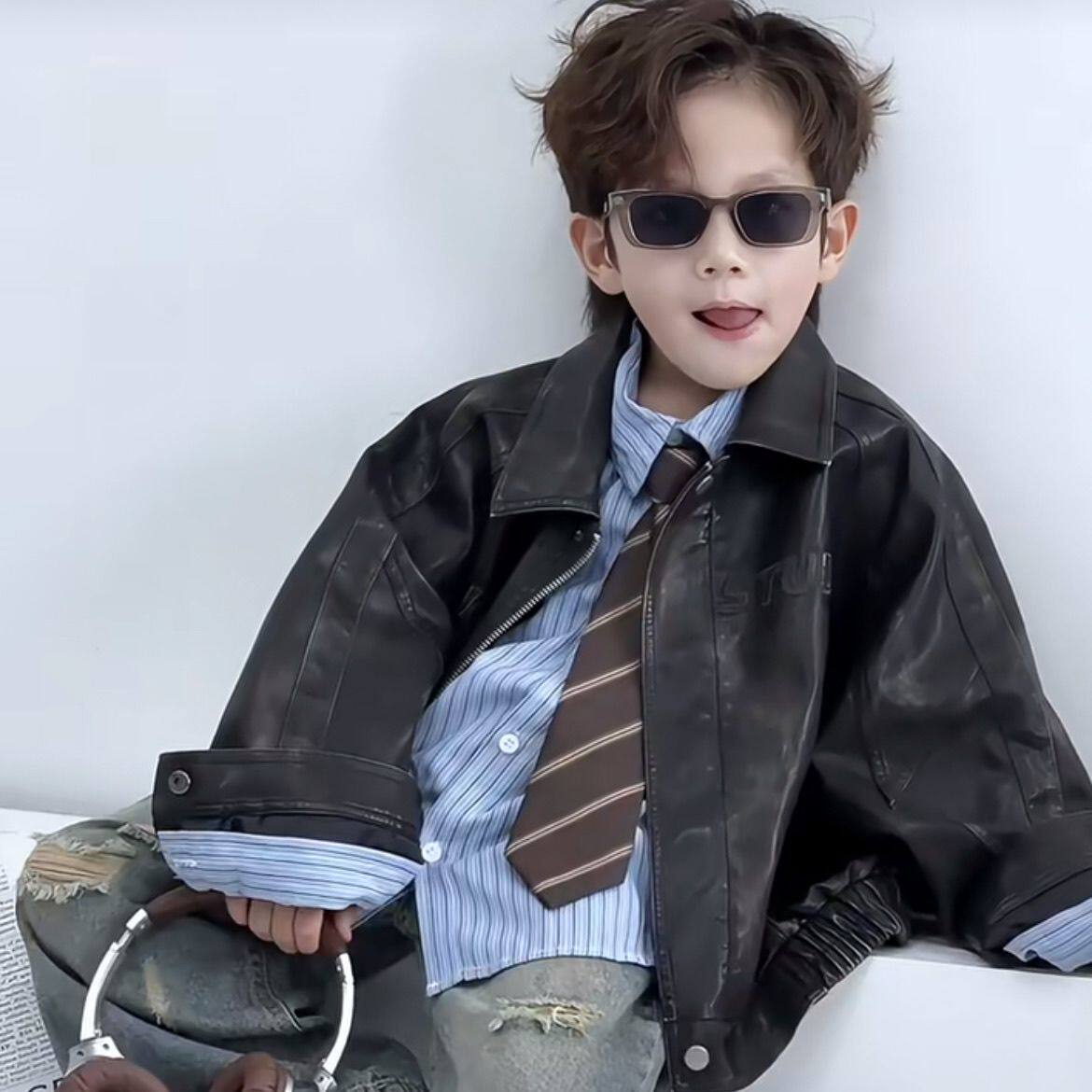 男童2025春秋装新品韩版PU皮衣儿童夹克复古机车宽松上衣外套