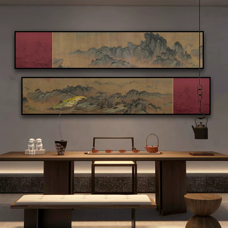 新中式客厅风景装饰画办公室大气双联挂画卧室茶室山水背景墙壁画