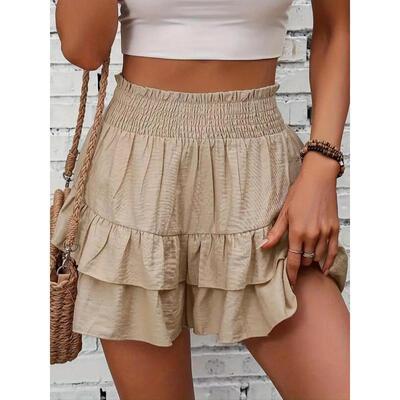 Womens Frill Trim Ruffle Hem Shirred High Waist Shorts