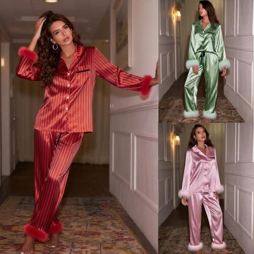 Womens Striped Silk Satin Pajamas Loungewear Long 2pc Pjs
