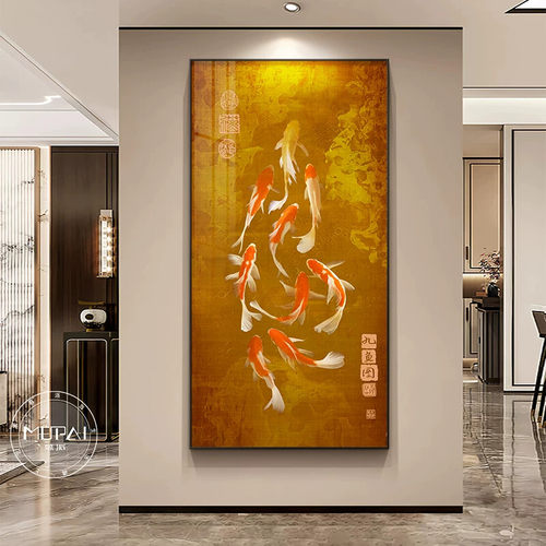 九鱼图入户正对门玄关装饰画壁画灯新中式客厅走廊过道挂画寓意好