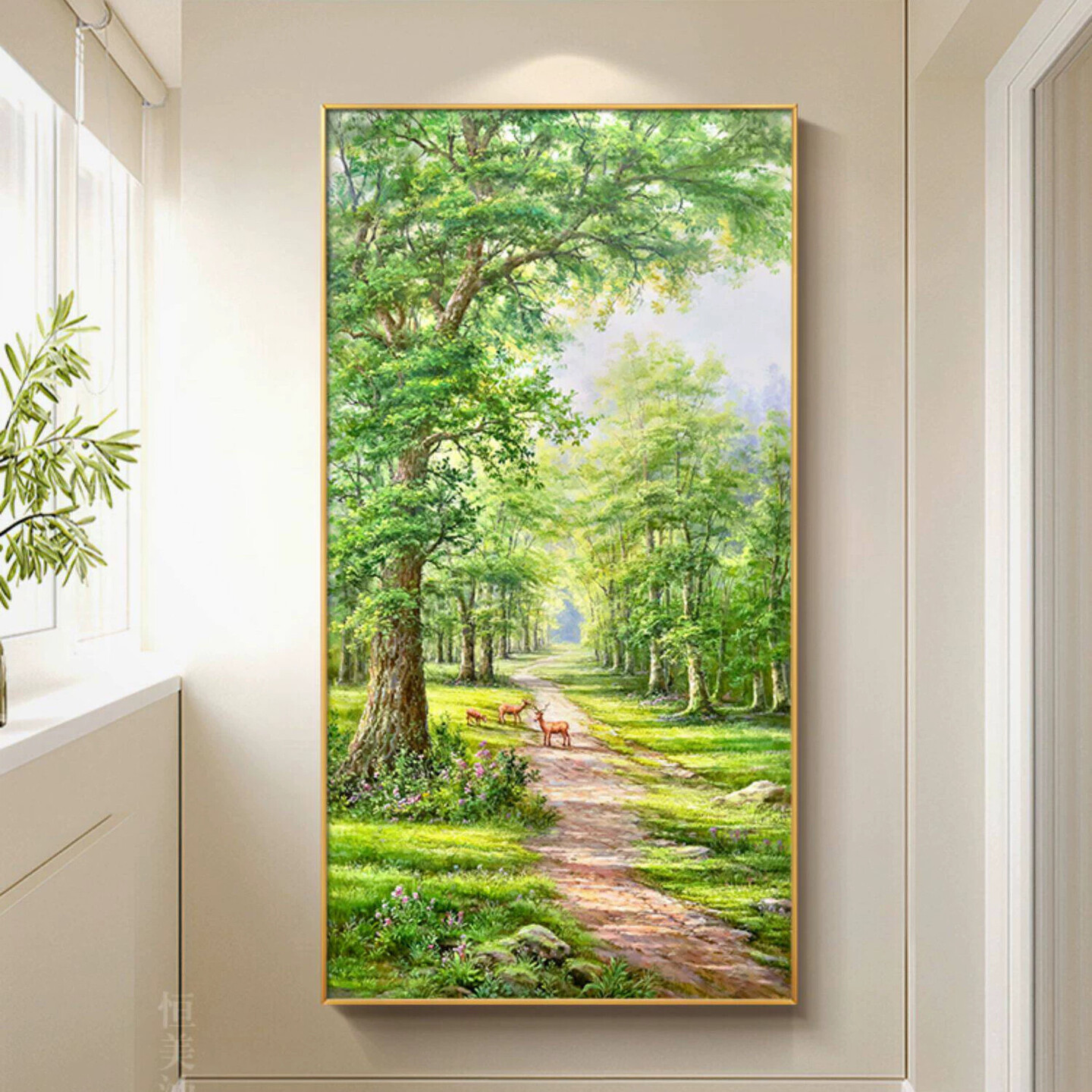 聚宝盆小鹿大树风景装饰画进门对面玄关入户风水挂画东墙高级山水
