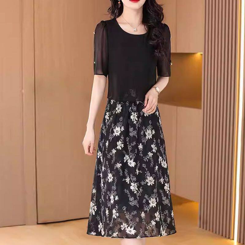 雪纺假两件妈妈连衣裙碎花2025高档时尚新款宽松显瘦遮肚夏季裙子
