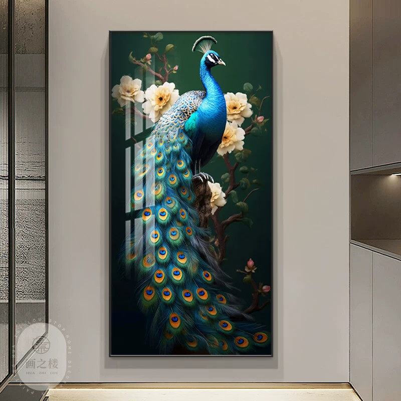 孔雀花开富贵吉祥入户玄关装饰画走廊过道客厅壁画竖版正对门挂画