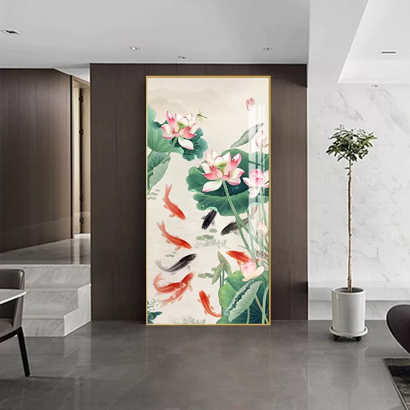 荷花叶九鱼图玄关装饰画莲花新中式九尾锂鱼聚财竖版防水晶壁挂画
