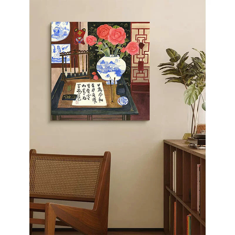 新中式牡丹花纯手绘油画玄关中古风客厅装饰画书房静物高级感挂画