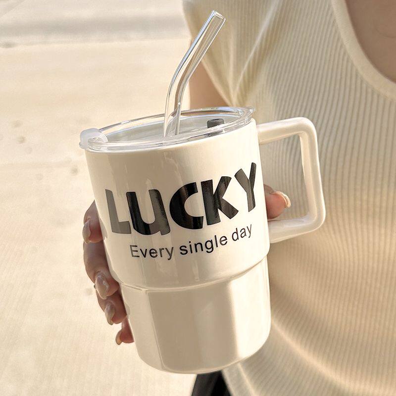 陶瓷水杯吸管杯家用马克杯带盖办公室咖啡杯牛奶果汁杯情侣创意男