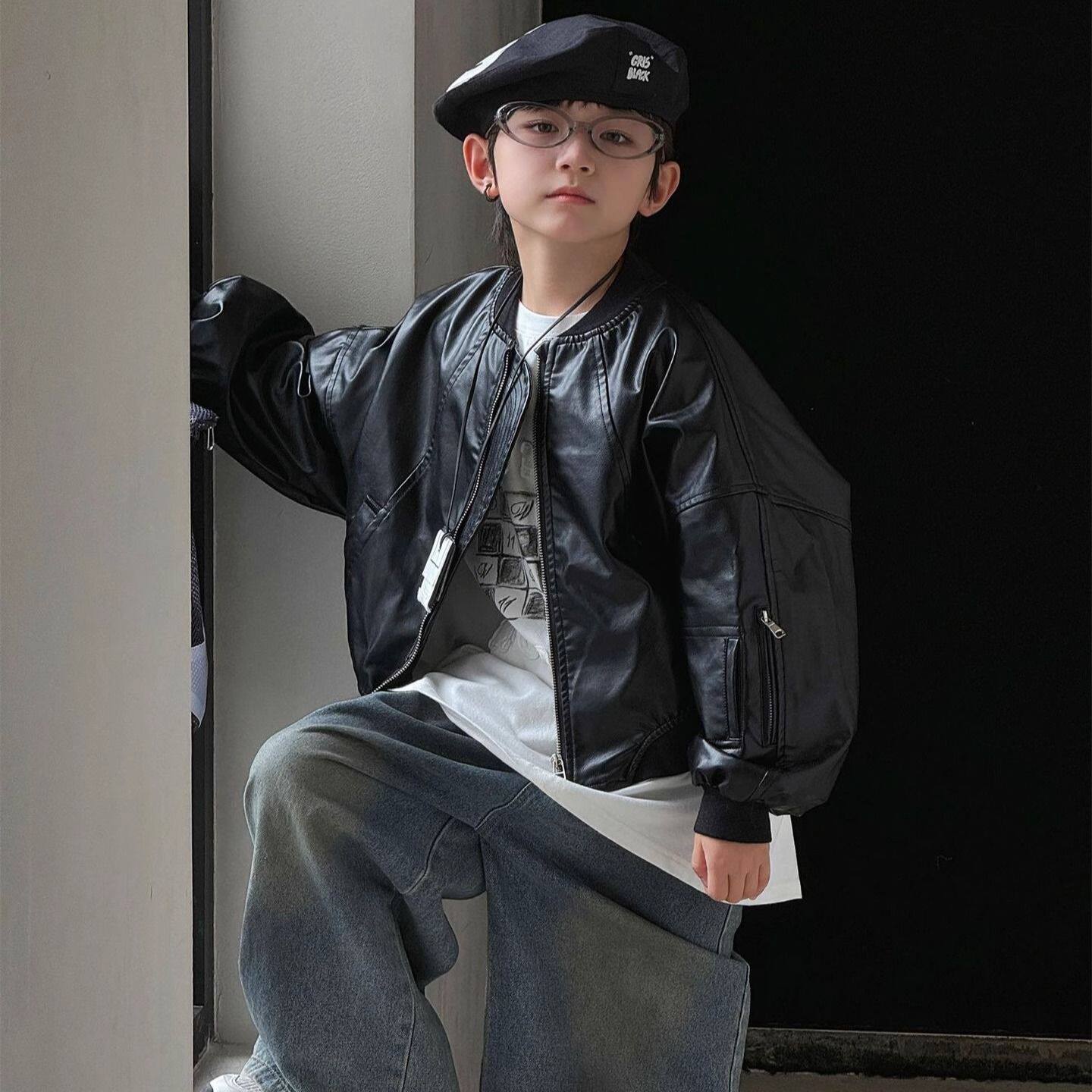 波拉韩国童装中童男女童洋气外套短款皮衣2026秋季时髦夹克衫复古