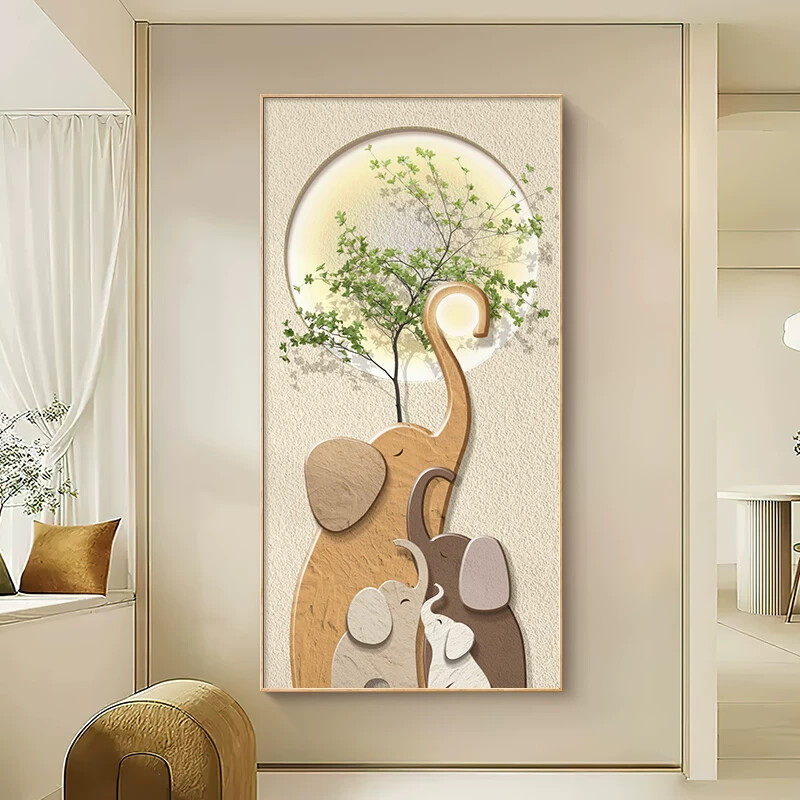 现代简约入户玄关装饰画奶油风大象走廊过道挂画绿植竖版进门壁画