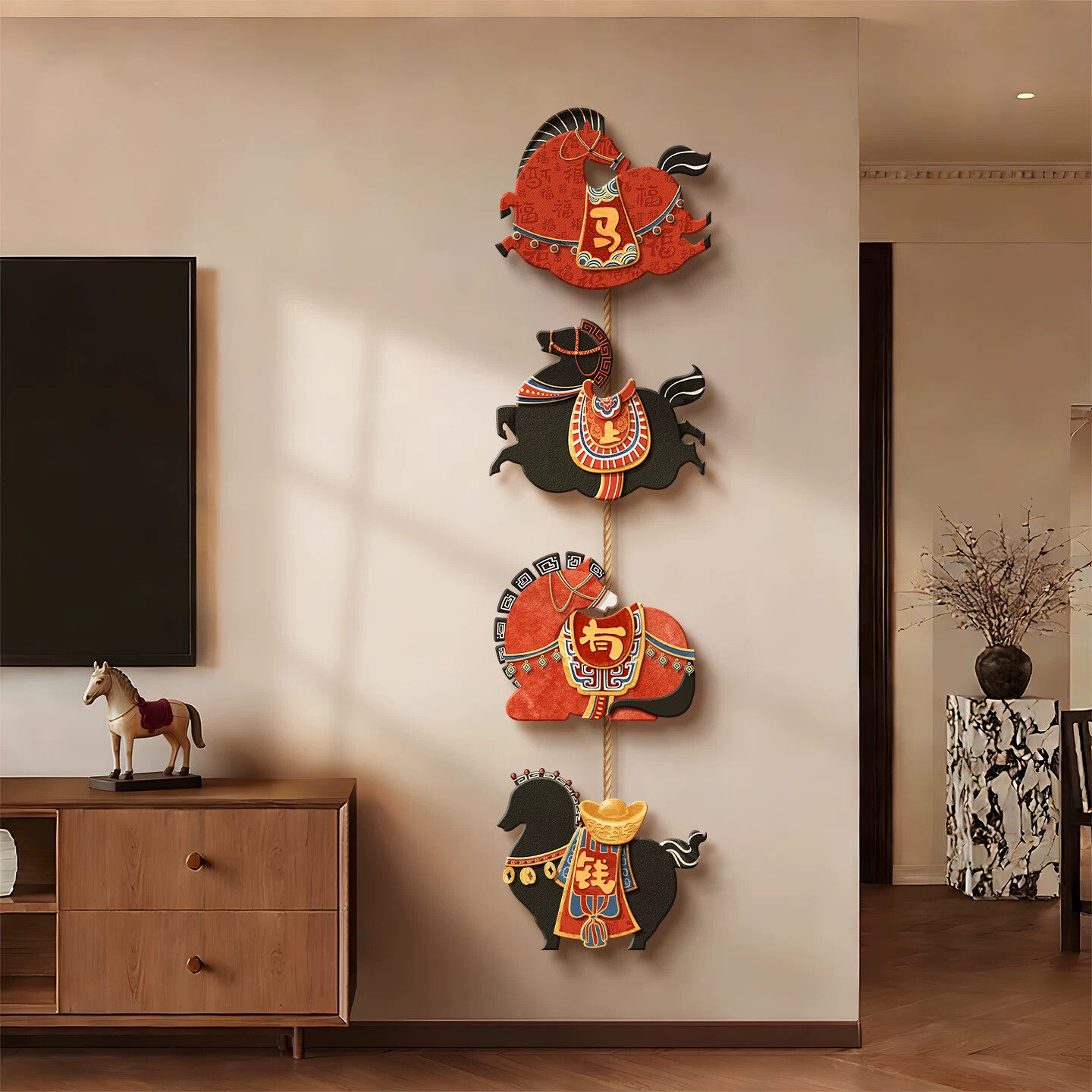 马上有钱新中式电视背景墙装饰画马年好寓意入户玄关挂画国风壁画