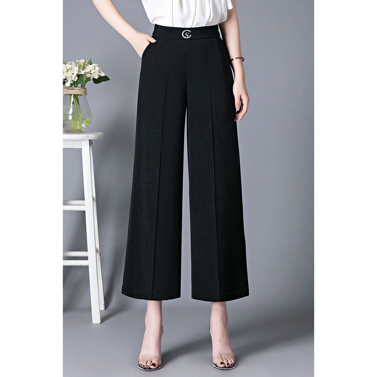 高档冰丝阔腿裤女夏季薄款妈妈裤休闲女裤高腰宽松直筒九分裤子女