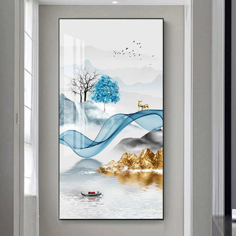 新中式山水风景玄关画抽象水墨曲线入户过道尽头背景墙画现代挂画