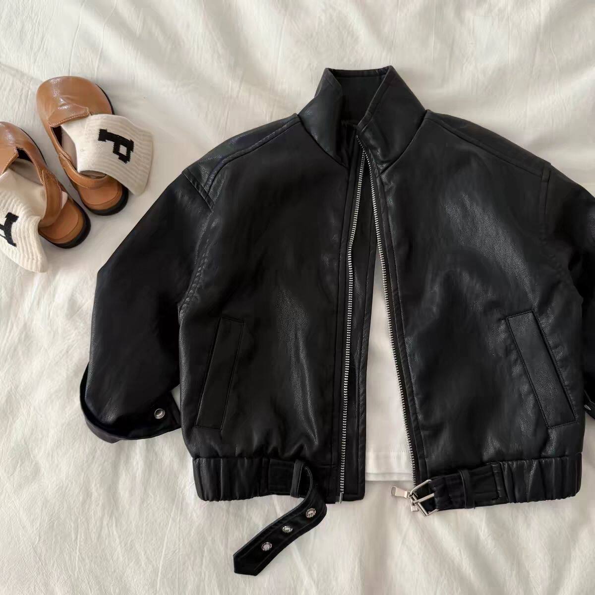 儿童外套2026春男童帅气潮酷皮夹克宝宝小童百搭黑色软皮衣女洋气