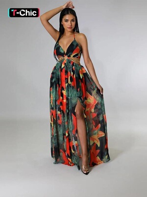 Summer Floral Print Deep V Halter Tie Split Maxi Dress