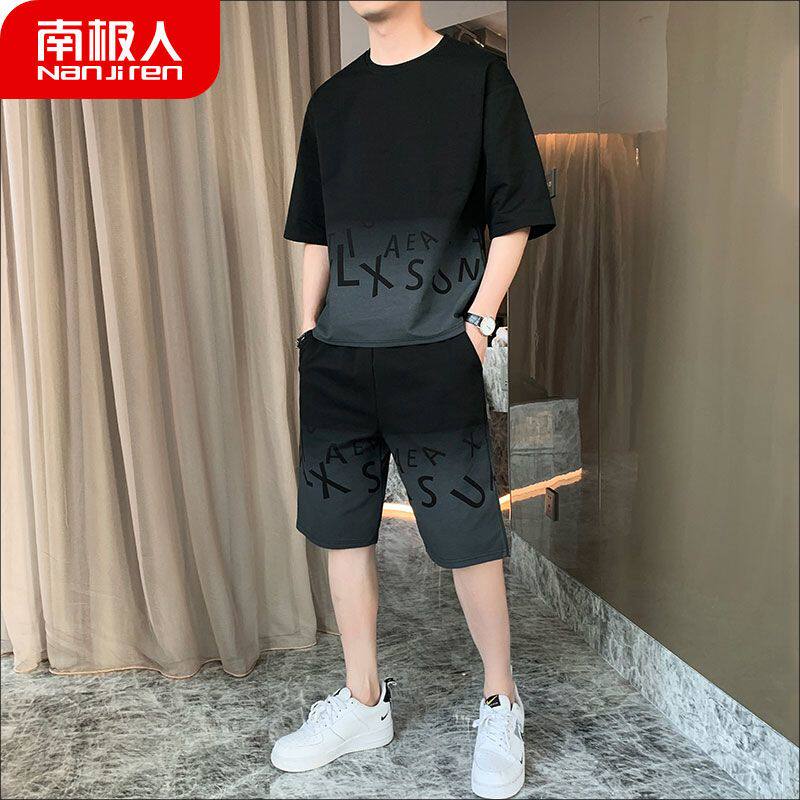 南极人短袖t恤男士夏季2022新款运动休闲短裤套装潮牌男装上衣服
