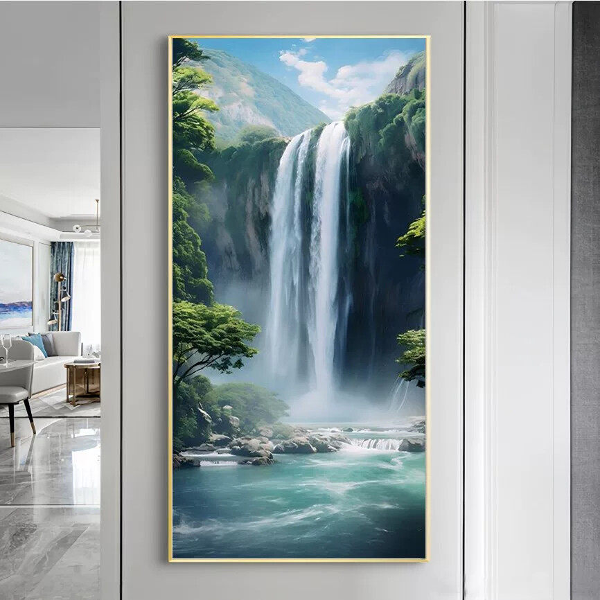 高山流水瀑布玄关画招财镇宅客厅进门装饰风水画防水防潮高清大图