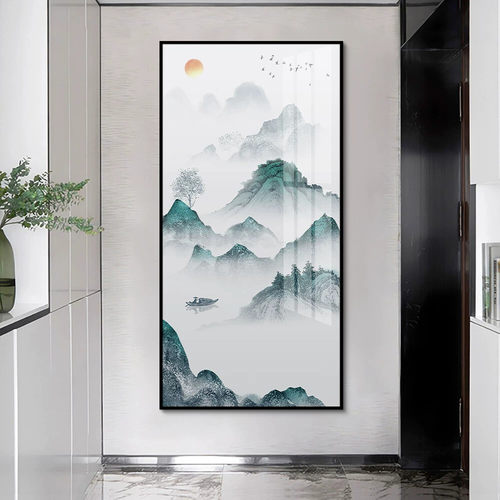 新中式山水风景入户玄关装饰画现代高档壁画客厅走廊过道竖版挂画