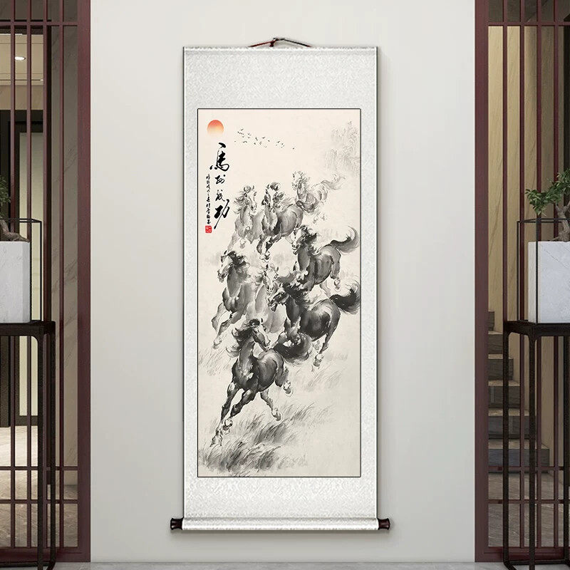 八骏图马到成功字画卷轴挂画新中式玄关客厅墙装饰骏马图书房壁画