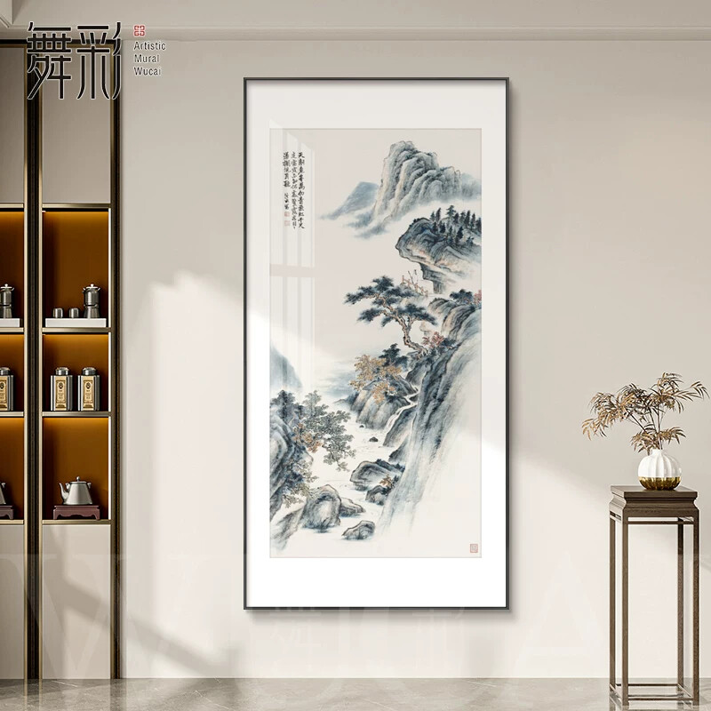 新中式入户玄关装饰画山水画走廊过道招财靠山壁画高级感浮雕挂画