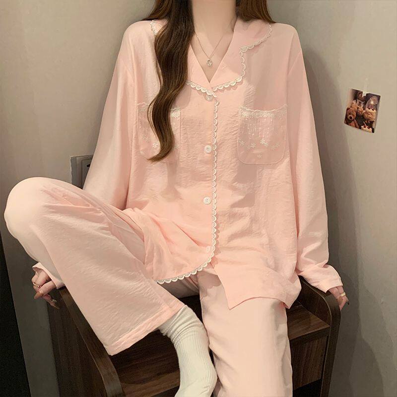 奶油公主风睡衣女款春秋冬季长袖甜美杏色蕾丝花边夏天家居服套装
