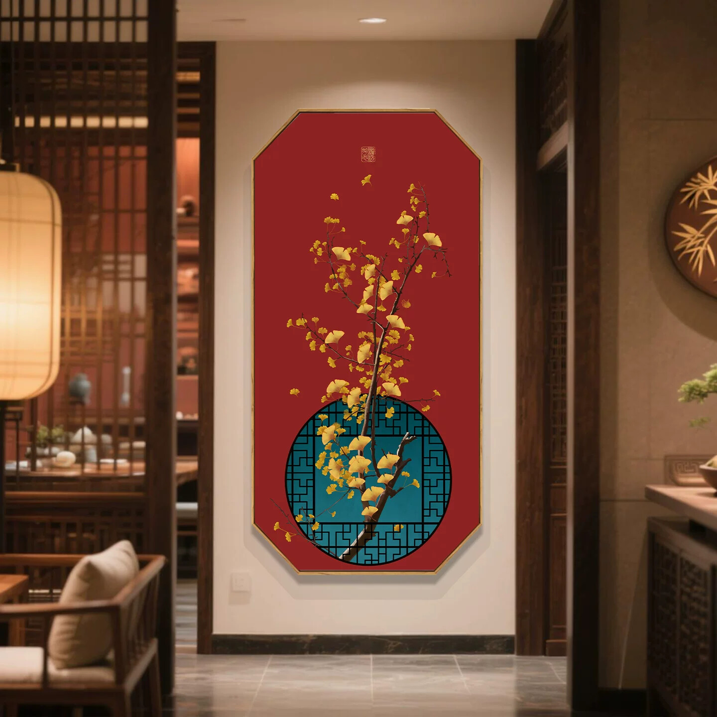 玄关装饰画中国风客厅荷花背景墙壁画中式红色墙面入户正对门挂画