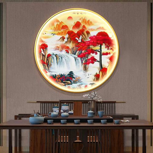鸿运当头圆形玄关装饰画带灯新中式茶室壁灯画餐厅背景墙发光挂画