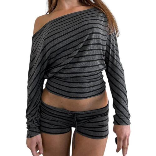 K 43596 Off Shoulder Striped T-Shirt 斜肩T恤 欧美跨境
