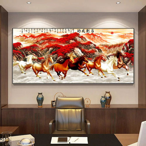 八骏图客厅挂画办公室沙发背景墙马到成功万马奔腾装饰壁画骏马图