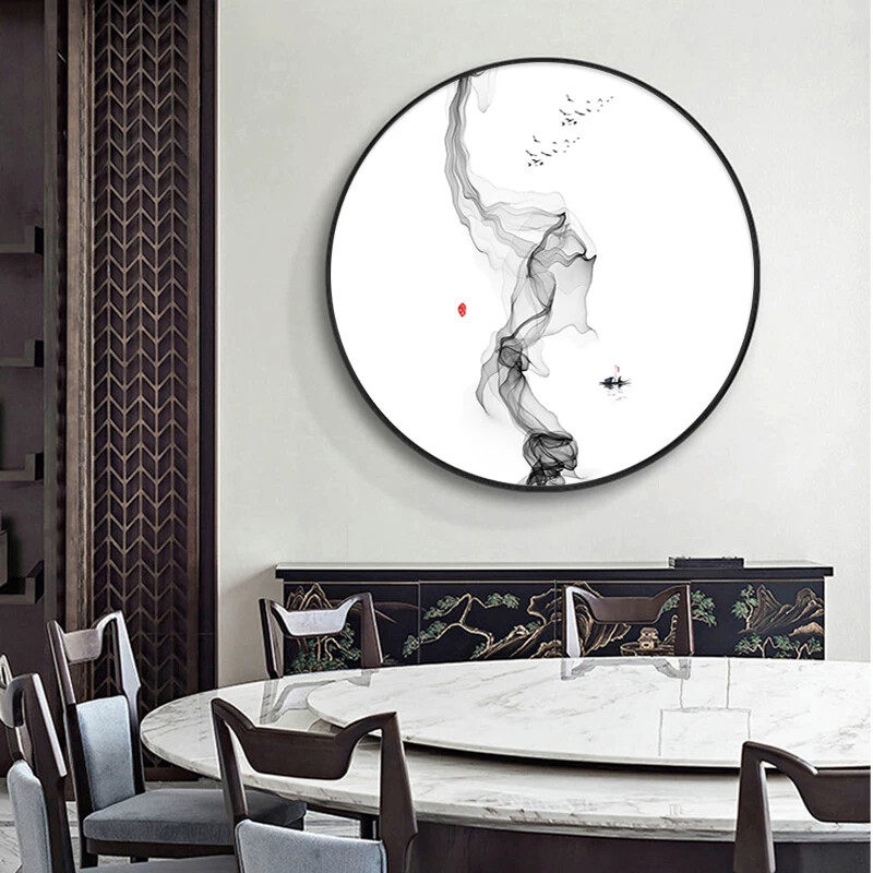 山水画圆形客厅茶室装饰画新中式中国风玄关背景墙画卧室书房挂画
