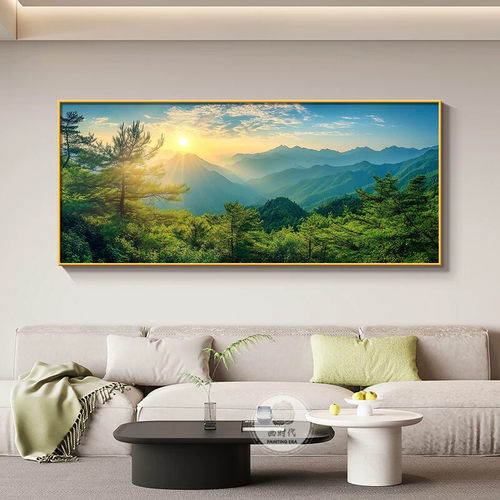 聚宝盆客厅装饰画沙发背景墙西墙山水风景画挂画现代简约横版壁画