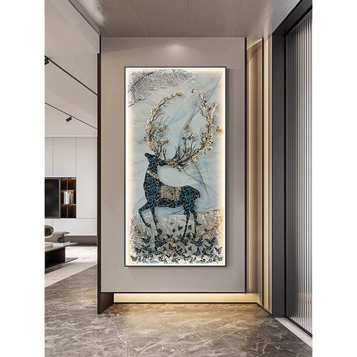轻奢欧式入户玄关装饰画LED灯光画大气走廊过道挂画客厅竖版壁画