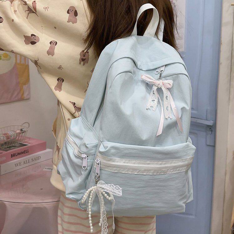 浅蓝色书包高颜值蝴蝶结轻便背包日系ins小清新初中高中学生书包