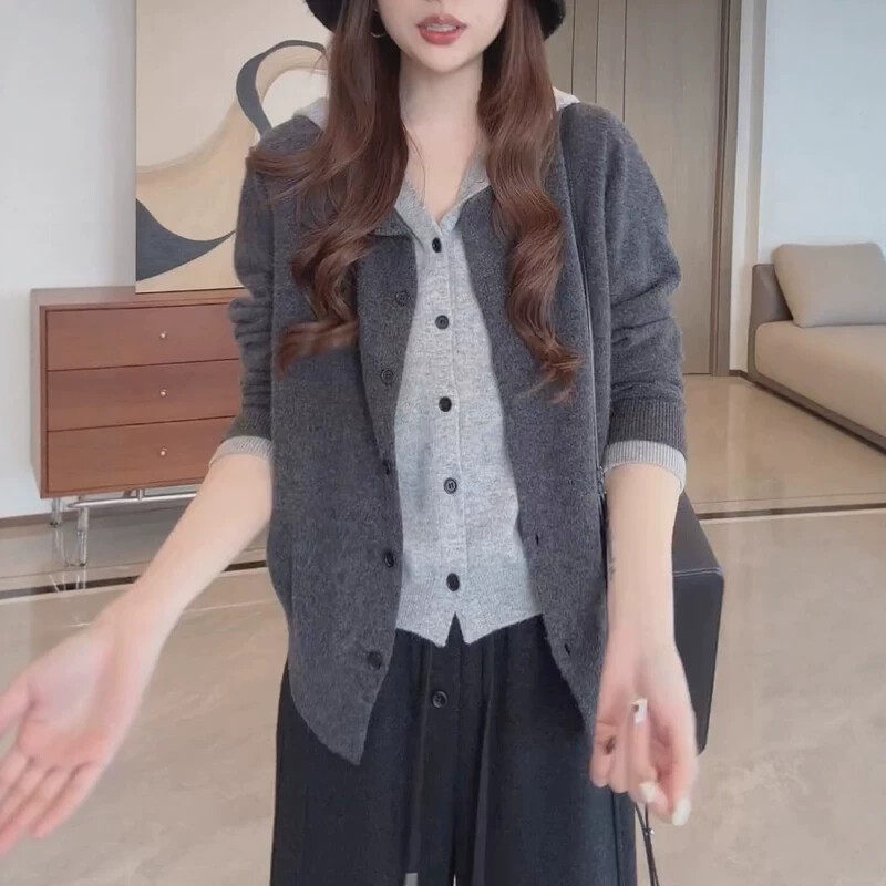 大码连帽假两件针织衫女春季胖MM显瘦宽松慵懒风长袖毛衣开衫上衣