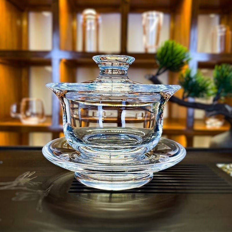 高端茶盖碗纯手工打磨原石水晶天然高档玻璃功夫茶具三才
