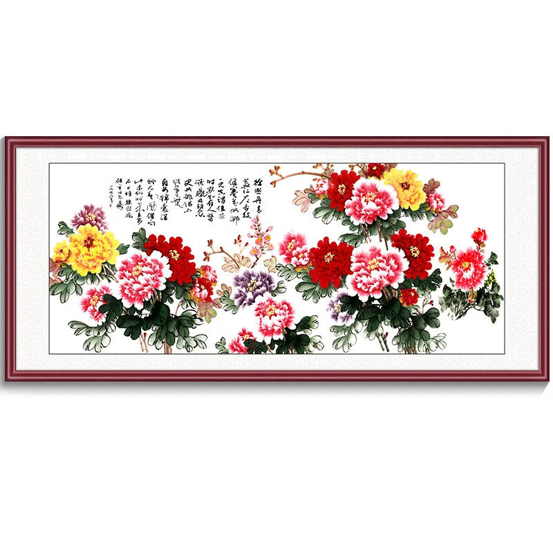 花开富贵国画牡丹花挂画中式客厅装饰画横幅沙发背景墙中堂花鸟画