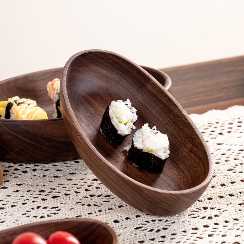 黑胡桃木船型碗实木早餐点心水果盘干果零食糖果盘木盘子木质托盘