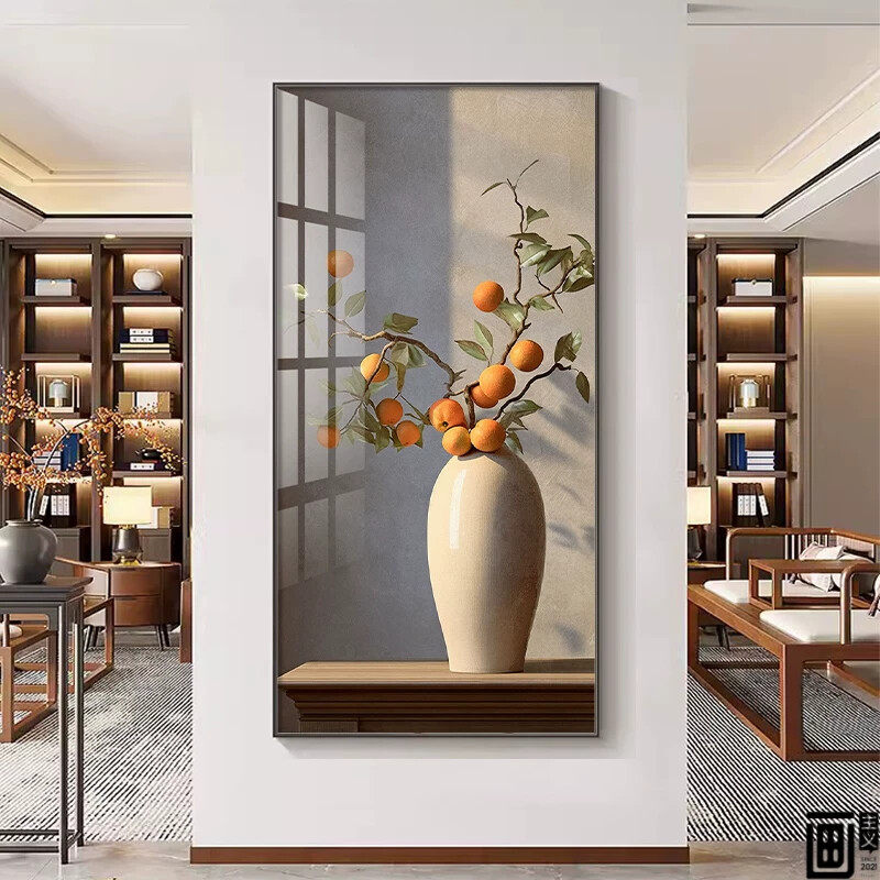 柿柿如意入户玄关装饰画正对门挂画竖版新中式走廊过道背景墙壁画