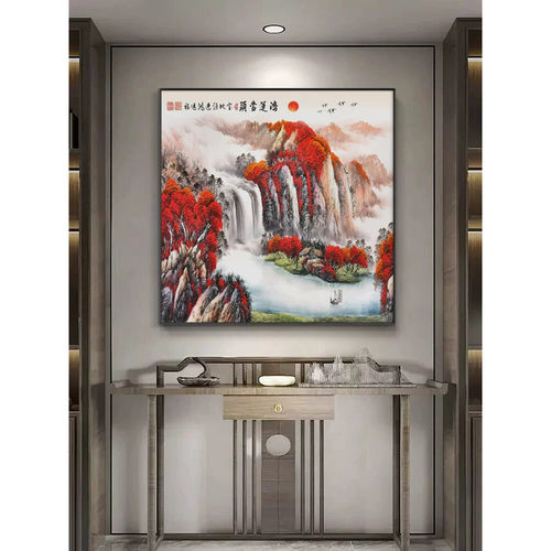 鸿运当头玄关装饰画轻奢客厅背景墙方形挂画新中式大气山水画壁画