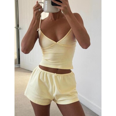 Twopiece Set Womens Solid Crop Cami Top Shorts Casual Comfy