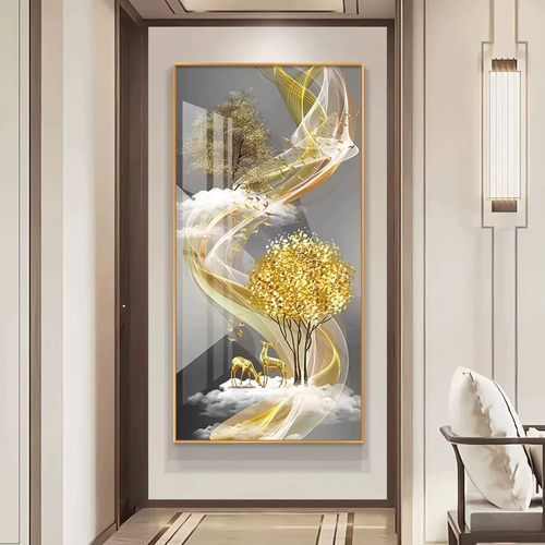 现代简约进门麋鹿玄关装饰画客厅走廊过道挂画竖版壁画招财风水画