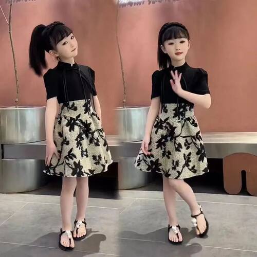 女童连衣裙夏2026新款儿童复古旗袍拼接裙子女孩洋气公主裙中大童