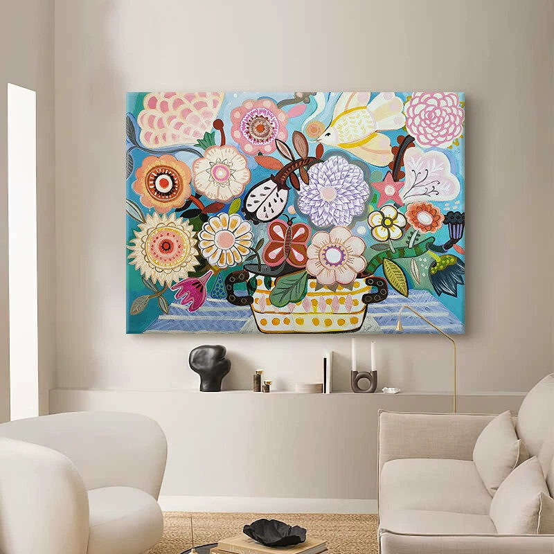 卡通植物花卉纯手绘油画彩色多巴胺花朵装饰画客厅挂画横幅丙烯画图片