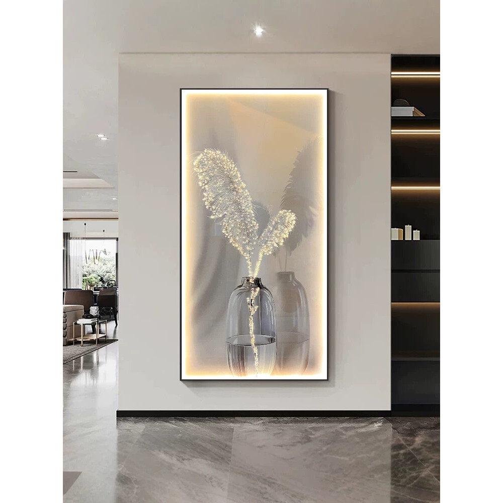 现代轻奢入户门羽毛装饰画高端大气走廊过道尽头挂画玄关竖版壁画