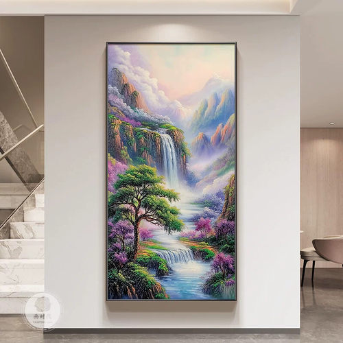 紫气东来入户玄关装饰画现代简约走廊过道客厅挂画流水生财风景画