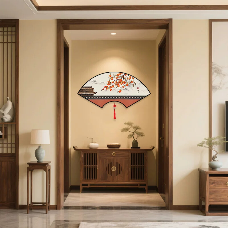 扇形扇面挂画中国结新中式客厅装饰画饭店背景墙柿子墙面壁画