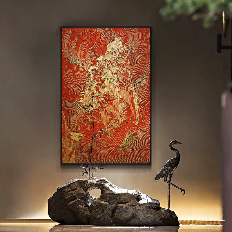 新中式靠山峰浮雕饭厅装饰画红色玄关过道挂画立体客厅背景墙壁画